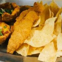 Sampler Platter Appetizer · Artichoke dip with tortillas, loaded potato skins, mozzarella skins, chicken fingers, and ja...