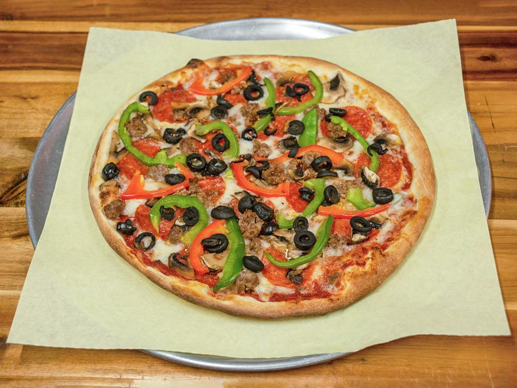 Yummy Pizza · Pepperoni, mushroom sausage, green pepper, black olives, mozzarella cheese, marinara sauce.