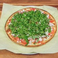 Armenian Pizza · Tomatoes, cilantro, basil, feta cheese, mozzarella cheese.