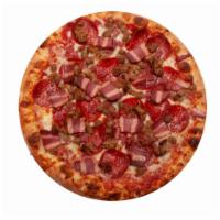 Meat Lovers Pizza · Pepperoni, salami, sausage, bacon, Canadian bacon, mozzarella cheese, marinara sauce.