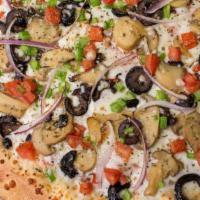 Veggie Pizza · Mushrooms, green peppers, black olives, tomatoes and onions.
