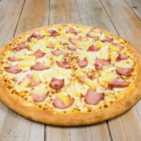 Hawaiian Deep Dish Pizza · Ham and pineapple.