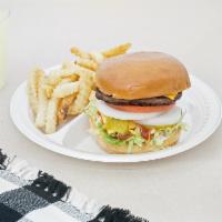 Cheese Burger Combo · Lettuce, tomato, pickle, onions, mayonnaise, ketchup and cheese. Served with fries and drink.