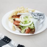 Gyro Sandwich Combo · Lettuce, tomato, onions and gyro sauce. Served with fries and drink.