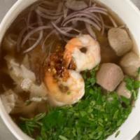 Pho · Sliced beef, beef tripe, meatballs, shrimp, rice noodles, onion, beef broth, bean sprouts, b...