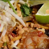 Pad Thai · Rice noodles, eggs, garlic, tamarind, spicy chili paste, sweet soy, basil, lemongrass, yello...