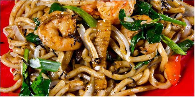 Teriyaki Udon · Udon noodles, ginger, rice wine, yellow onions, bell peppers, shiitake mushrooms, bean sprouts, green onions.
