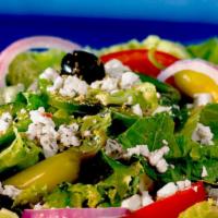 Greek Salad · Romaine lettuce, tomatoes, cucumber, bell peppers, onions, feta, Kalamata olives, pepperonci...