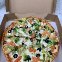 Veggie Pizza · Peppers, onions, mushrooms, black olives, broccoli, tomatoes.