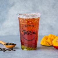 Sunset Peach Tea · Peach and raspberry black tea with mango bits.