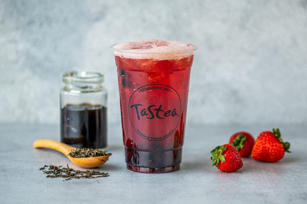 Strawberry Ecsteasy Tea · Strawberry black tea with black jelly, made with organic and fair trade tea leaves.