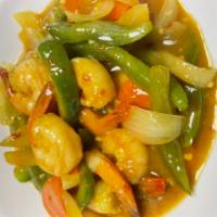 Curry Shrimp · Carrot, Green Pepper and Onions. (spicy)