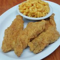 Chicken Tenders & Mac 'N Cheese · Three fried chicken tender strips. Served with mac n' cheese.