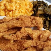 Chicken Tenders Dinner · Five large juicy tenders battered with our famous R&J seasonings with your choice of two sid...