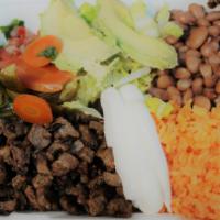 Plato Mexicano · Choice of meat, beans, pico de Gallo, sour cream, avocado, lettuce, rice, jalapeños and side...