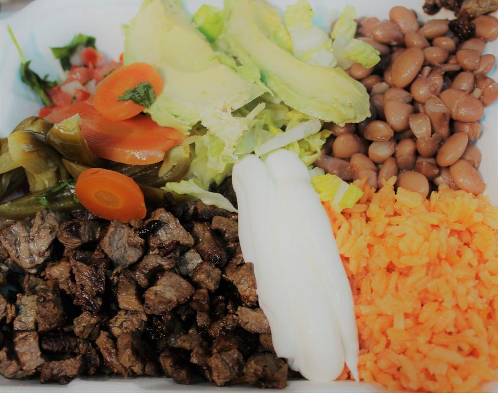 Plato Mexicano · Choice of meat, rice, beans, pico de gallo, lettuce, sour cream, avocado, jalapenos and side of tortillas.