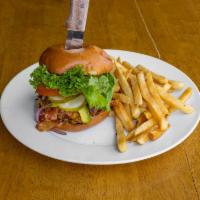 ABC Burger · Avocado, bacon, Swiss cheese, lettuce, tomato, pickle, 1000 Island and grilled onions. avoca...