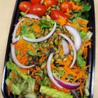 House Salad · Lettuce blend, grape tomatoes, carrots, cucumber, pumpkin seeds, Crouton with vinaigrette. 
