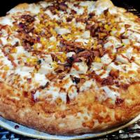 BBQ Chicken Pizza · Chicken, roasted corn , BBQ sauce, mozzarella cheese, Canadian bacon.