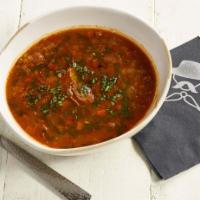 Lentil And Chorizo Soup · Lentil, chorizo, corn, tomato, carrot, pistou