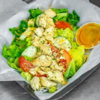 Chicken Salad · Grilled or fried chicken over lettuce, tomatoes, cheese, and cucumbers. Your choice of dress...