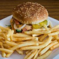Classic Cheeseburger Meal · Lettuce, Thousand Island, patty, American cheese, mayo, pickles, onions, tomatoes. Fries, Dr...