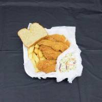 Catfish Steak Dinner · 4 pieces Catfish, french fries, coleslaw and bread.