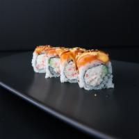 16th Street Roll · Crab mix, cucumber topped with salmon, eel sauce and spicy mayo.