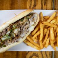  Philly Cheese Steak with fries · 6 oz sub sandwich made with super thinly sliced ribeye steak, caramelized onion, and provolo...