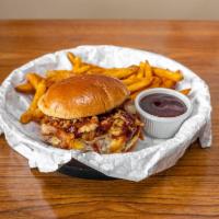 BBQ Bacon Burger with Fries · Third lb. burger with onions strings BBQ cheese. 