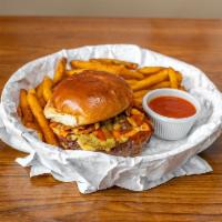Buffalo Burger with Fries · Third lb. burger with Buffalo sauce cheese and onions. 