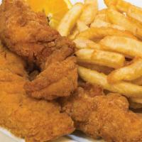 Chicken Strips · Served with french fries.