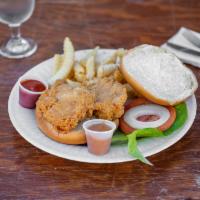 The bay boy spicy chicken sandwich · One of the spicest chicken sandwich in the bay area using halal thig meat, lettuce pickles, ...