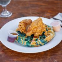 Chicken and waffles  · Fruity pebbles (optional) waffle with halal chicken thigs with syrup and orange aioli sauce 