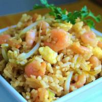 Mini Shrimp Fried Rice · Small stir fried rice with shrimp, pea, carrot, onion, egg.