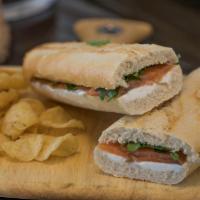 Salmon  Sandwich · Smoked salmon, cream cheese, and argula on white baguette.