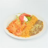 Enchiladas Plate · Corn tortillas, choice of meat, rice, beans, sour cream, guacamole, and salad. 
