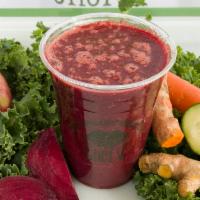 Beetox Smoothie · Whole beet, kale, lemon, apple, carrot, cucumber, celery, ginger, turmeric, garlic, jalapeno.