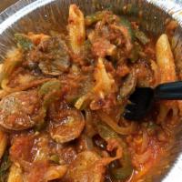 Sausage and Peppers Pasta · Penne, spicy Italian sausage, peppers, onions, homemade marinara.