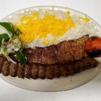 Kerman Soltani Kabob · 1 skewer koobideh kabob (ground beef, onion and house spices), 1 skewer lamb filet (lamb mar...