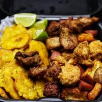 Tostones and 3 Proteinas · Fresh fried green plantains with 3 of your favorite protein choices.