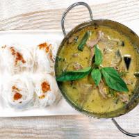 Old school green curry · Choice of meat with green curry in coconut milk,basil,bamboos shoot and bell pepper serve wi...