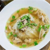 Chicken Noodle Soup · Clear small rice noodle soup with chicken, onion, cilontro, bean sprout and garlic oil.