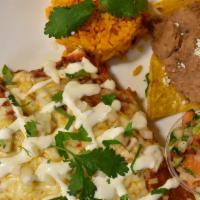 Enchiladas · Served with rice and beans. With 3 different options for salsas 1) mole sauce (has nuts) , 2...