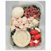 Cobb Salad · Grilled Chicken breast, blue cheese crumbles, Organic Romaine lettuce, grape tomatoes, hard ...