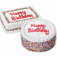 Birthday Cake · Layers of moist Devil's food cake and sweet cream ice cream wrapped in fluffy white frosting