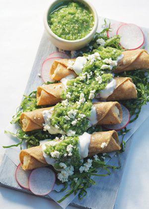 Flautas de Pollo · Fried tacos, filled with chicken and on top covered with Mexican cream an cheese.