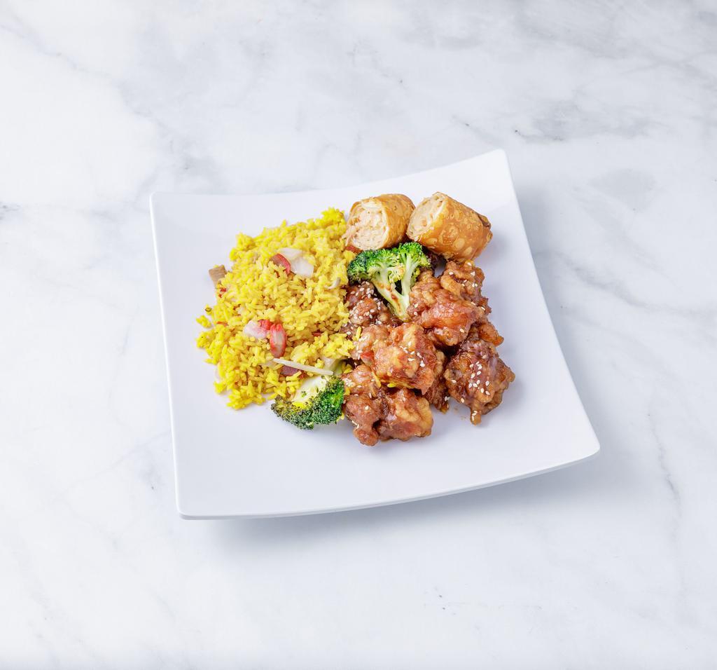 C19. Sesame Chicken Combo Plate · Served with egg roll and pork fried rice.
