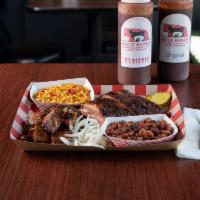 Ribs and Meat plate · Get 1/3 rack of ribs and a meat option of your choice.  Also choose 2 of our sides.  
