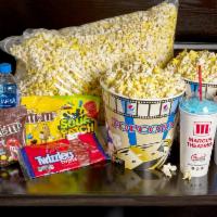 Movie Experience Combo · 5 large party popcorns, choice of 2 candies, and choice of 2 drinks.